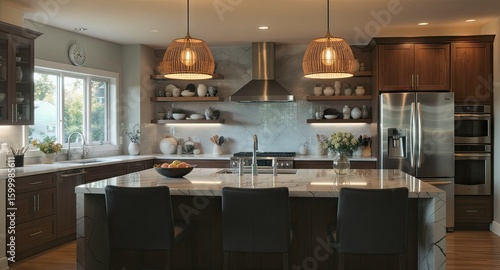 Modern kitchen with dark wood cabinetry, a large marble island, pendant lighting, and open shelving displaying decorative objects.  Warm lighting creates a cozy ambiance