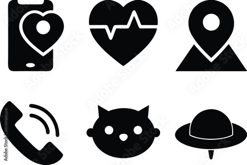 Phone heart location pulse heart map pin telephone cat face flying saucer set of icons