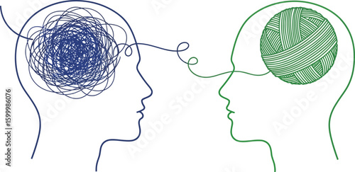 Two abstract heads communicating, one with tangled thoughts, the other with organized ideas.