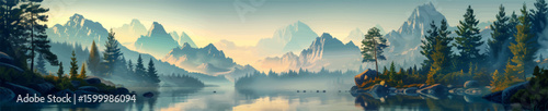 digital painting of a serene mountain lake surrounded by pine forests and rocky peaks under soft morning light and mist. Generative ai vector illustration. Wide banner image