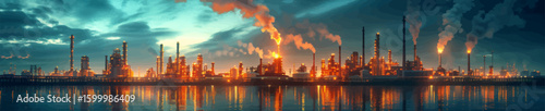 industrial oil refinery at night, with smokestacks, flares, and reflections over calm water. Generative ai vector illustration. Wide banner image