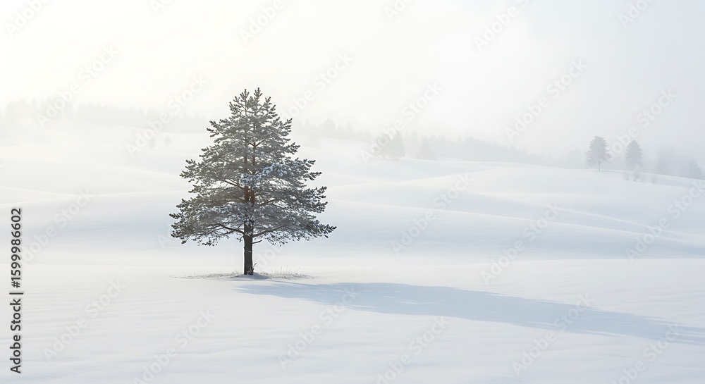 Fototapeta premium Lone pine tree standing in a vast expanse of snow covered ground under a bright misty winter sky landscape scene of natural beauty