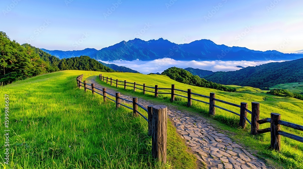 Fototapeta premium Vibrant Green Meadow Path Towards Misty Mountain Range