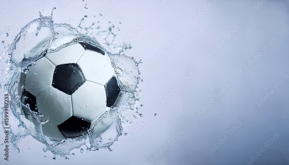 Fototapeta premium Water splashes around a soccer ball in a dynamic display of movement and energy showcasing the joy of sports during an exciting game moment