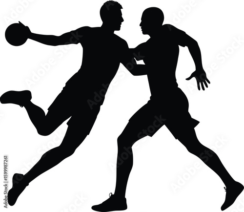 Black silhouette of two handball players colliding isolated on transparent background