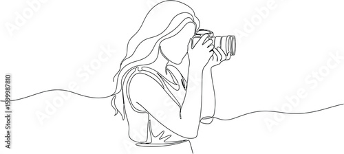 Continuous line drawing of a woman holding a camera and taking a photo