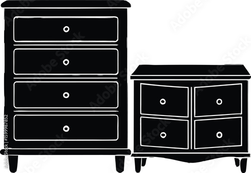 Set of black chest of drawer silhouettes isolated on transparent background