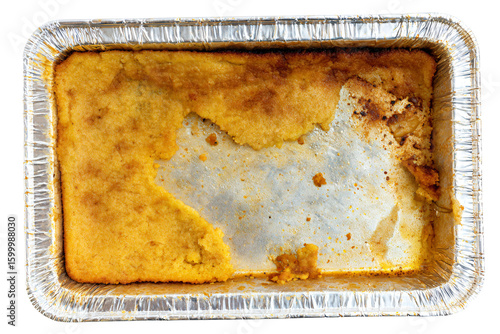 a pan of food with a piece missing
