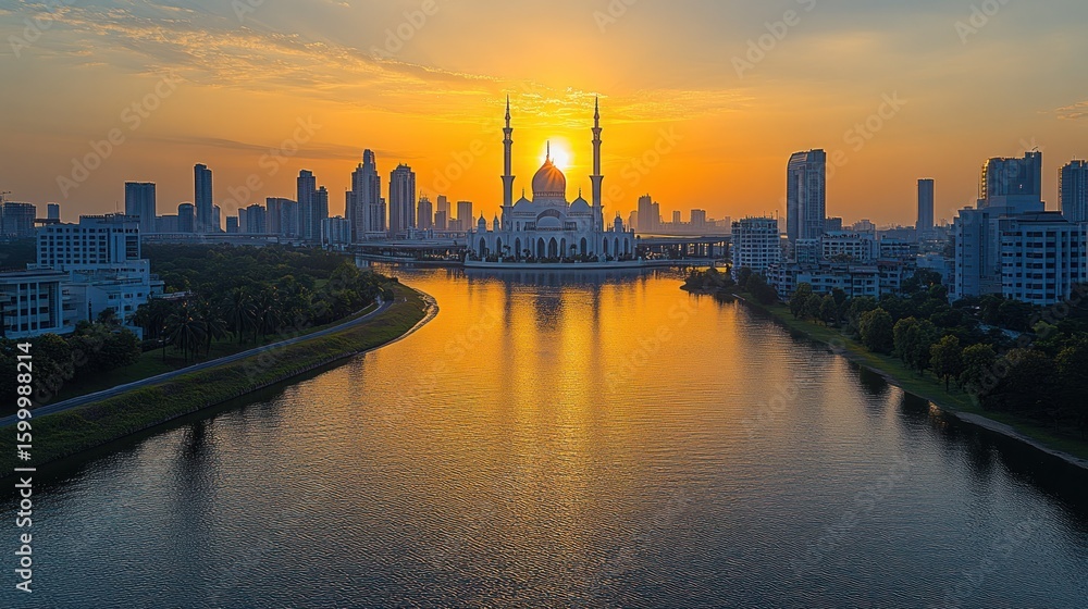 Fototapeta premium Sunrise over a mosque and city reflected in a calm river