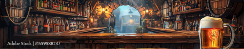 cozy medieval-style tavern featuring wooden shelves, liquor bottles, warm lighting, and a frothy beer mug in the foreground. Generative ai vector illustration. Wide banner image