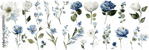 Watercolor floral bouquet illustration set vector PNG background