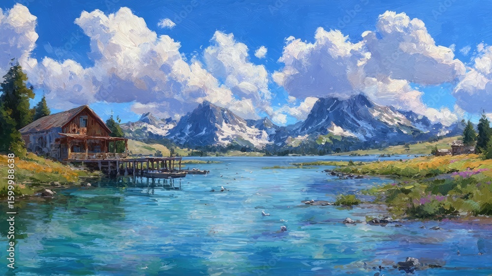 Fototapeta premium Rustic Cabin By Mountain Lake At Sunrise