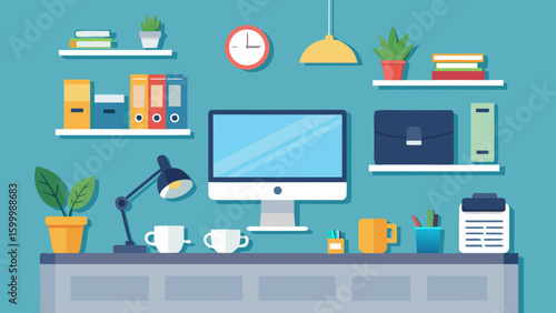 Illustration of a workspace with computer, shelves, plant, and various office supplies displayed nicely