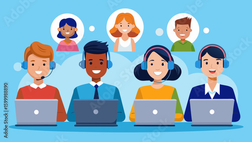 Team of diverse customer service representatives with headsets and laptops providing support online
