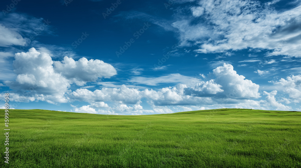 Lush Green Field Under Bright Blue Sky with Fluffy White Clouds in the Background Lush Green Field Under Bright Blue Sky with Fluffy White Clouds in the Background