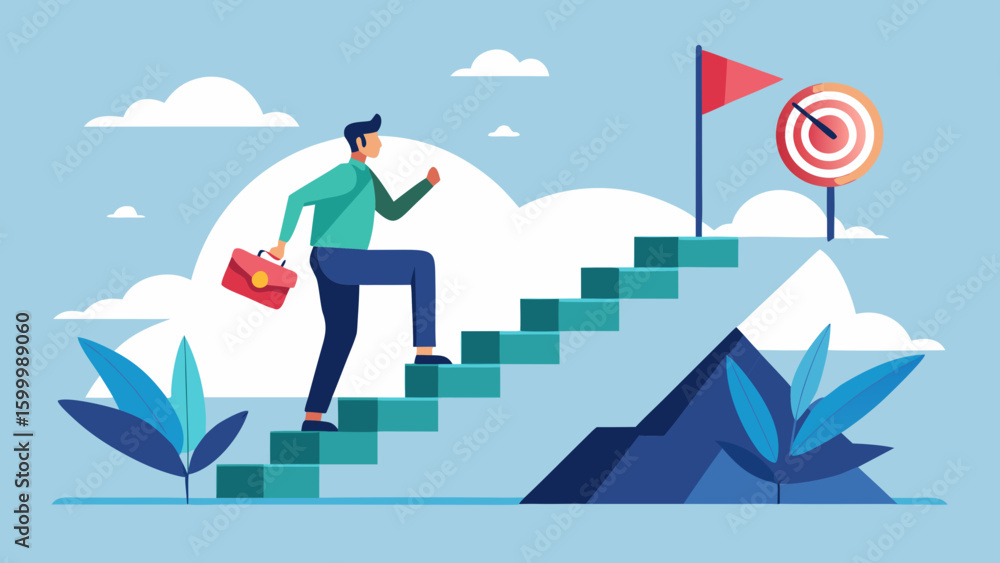 Fototapeta premium Man with briefcase climbing stairs towards a flag and target on top of a mountain illustration