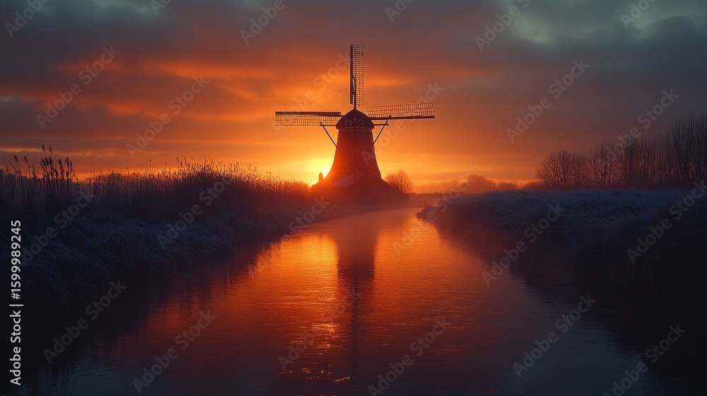 Obraz premium Sunrise over Dutch windmill