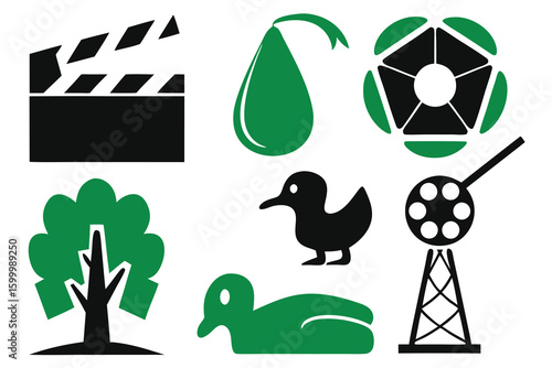 Set of black and green silhouettes of icons clapperboard pear