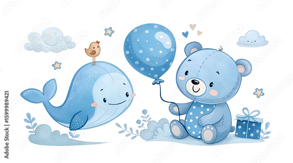 Naklejka premium blue teddy bear holding a balloon, a smiling whale with a bird, clouds, and decorative elements. Ideal for baby boy room decor, nursery prints, baby shower invitations, children's books, and birthday 