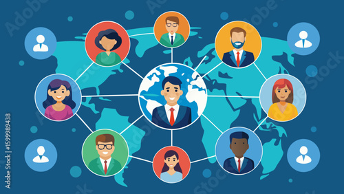 Illustration of a global network with diverse people connected around the world map background