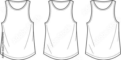 Vector Flat Sketch Illustration: Classic Sleeveless Tank Top for Women, Athletic Apparel Design, Front and Back Views, Technical Fashion Drawing for Summer Collection, Comfortable Basic Wear.