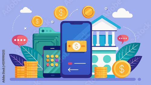 Illustration depicting mobile banking with phones, coins, bank, and wallet elements design art
