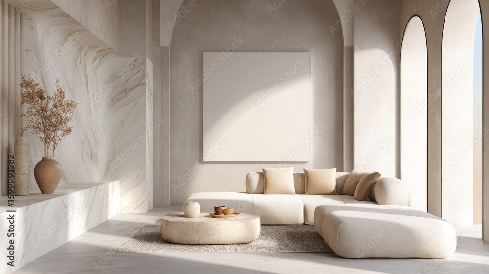 Fototapeta premium Minimalist beige living room with arched windows
