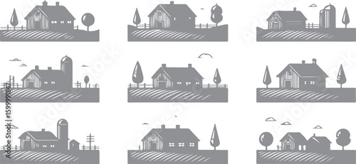 Rural farmhouses with silos and trees barn