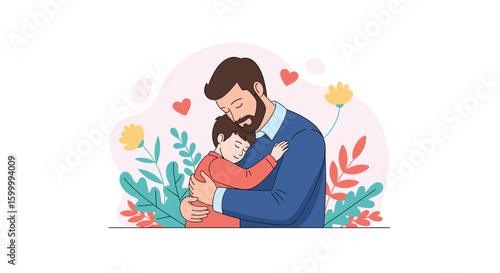 Loving father and son sharing a tender moment of hug with beautiful floral decorations and hearts celebrating family love and togetherness