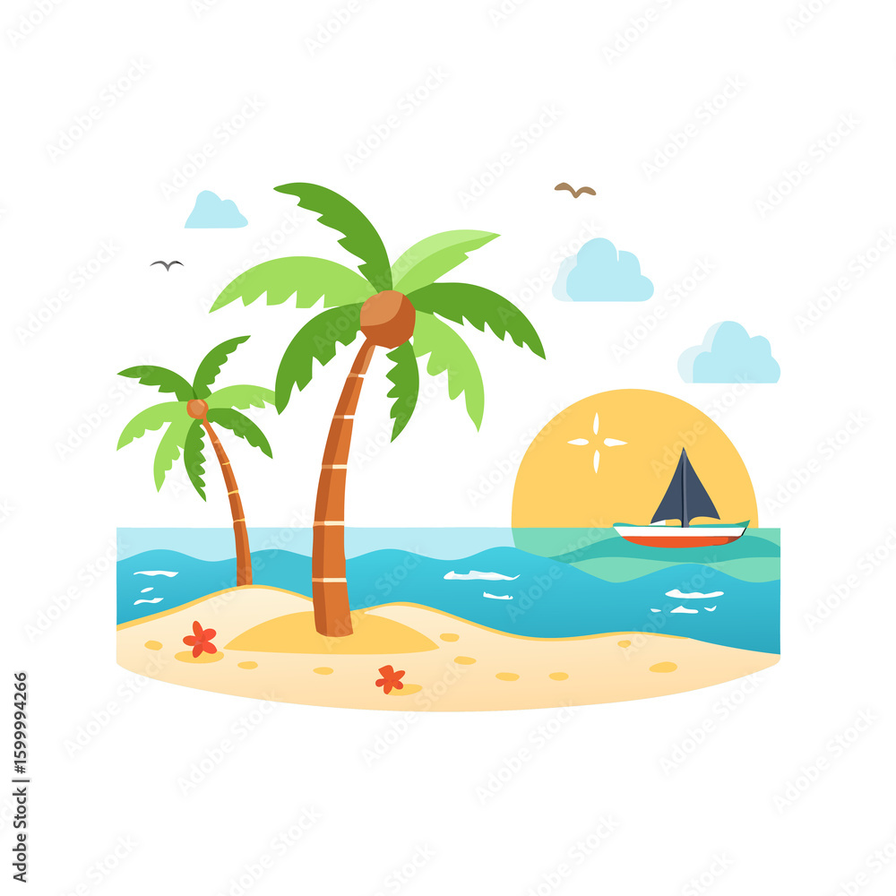 Fototapeta premium Tropical Island Beach Scene with Palm Trees, Sailboat, and Sunset Illustration for Summer Vacation, Travel, and Relaxation Themes on a Transparent Background