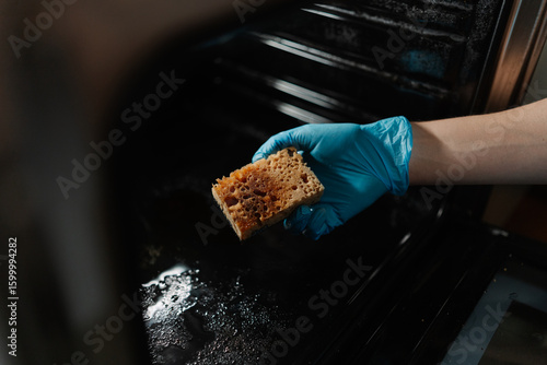 Close-up cropped shot of male hand in blue rubber glove holding dirty sponge, scrubbing soiled gas oven covered in grease stains and splashes, tackling mess in kitchen environment, closeup.