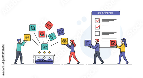 Creative team collaborating together building interactive digital applications project management business growth strategy