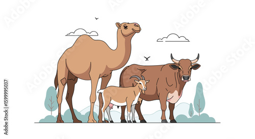 Diverse desert dwellers a camel a young deer and a large ox under a bright sky