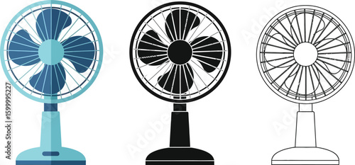 Three distinct desk fans displayed side by side, showcasing different styles and rendering techniques