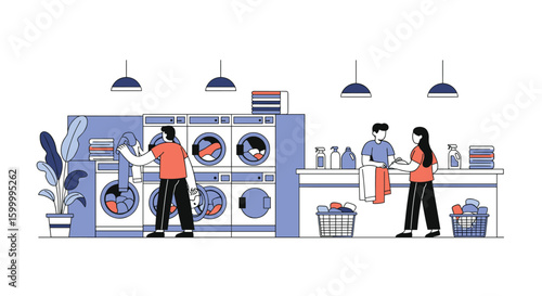People using modern washing machines and dryers in a clean laundry facility taking care of their clothes