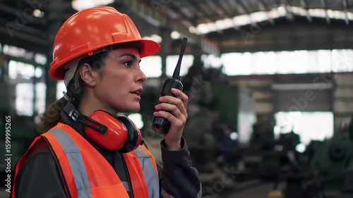 Factory Worker on Radio, Communicating in Industrial Setting