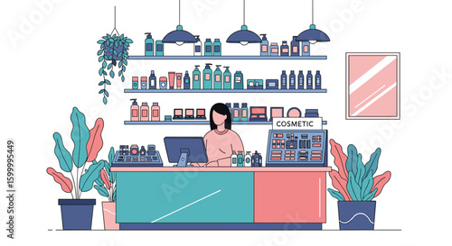 Modern beauty retail store interior design with product shelves and friendly sales assistant working at checkout counter
