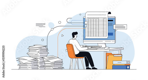 Man working on computer generating data analysis reports and spreadsheets for business insights