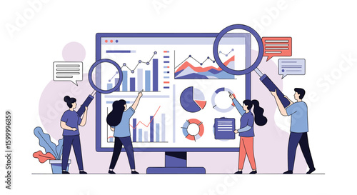 Visualizing financial data trends and analytics with a team of professionals examining charts and graphs on a large computer screen