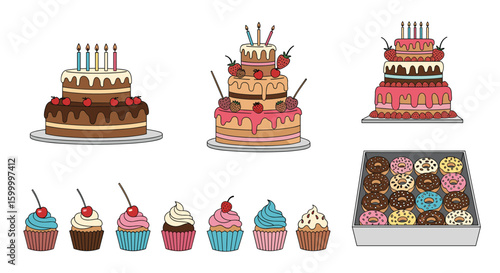 A collection of festive birthday cakes and delicious cupcakes for celebrations and parties