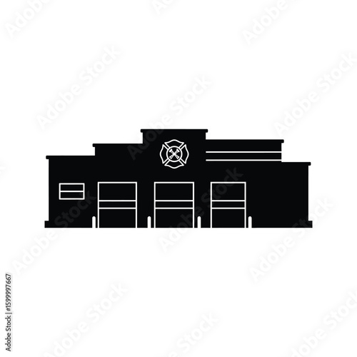 Black Silhouetted Fire Station Building Icon with Three Garage Doors