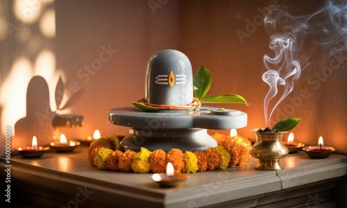 Hindu lord shiva lingam worship setting with flowers and lamps