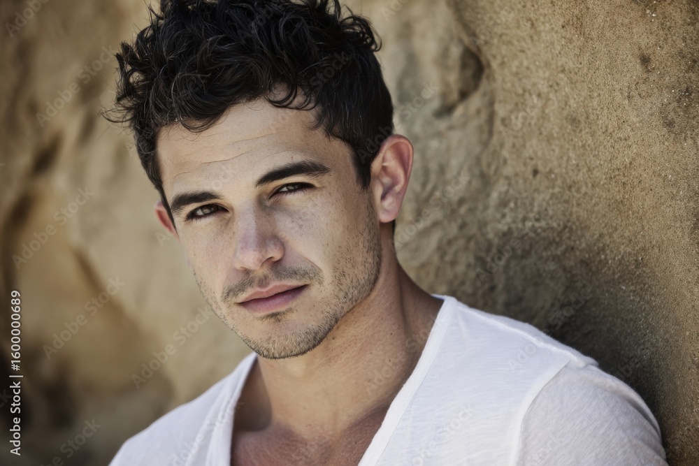 Fototapeta premium Close-up portrait of a young man with dark hair and serious expression outdoors.