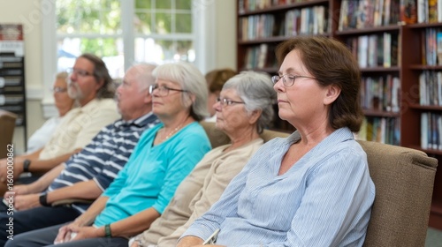 Elderly book club members engaging in discussion in a welllit library with sunlight streaming through windows, cozy armchairs, and a warm, inviting atmosphere