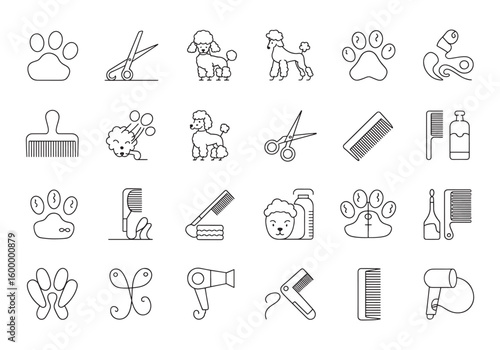 Collection of Dog Grooming Line Art Icons for Pet Care Businesses and Design Projects Featuring Poodles and Grooming Tools
