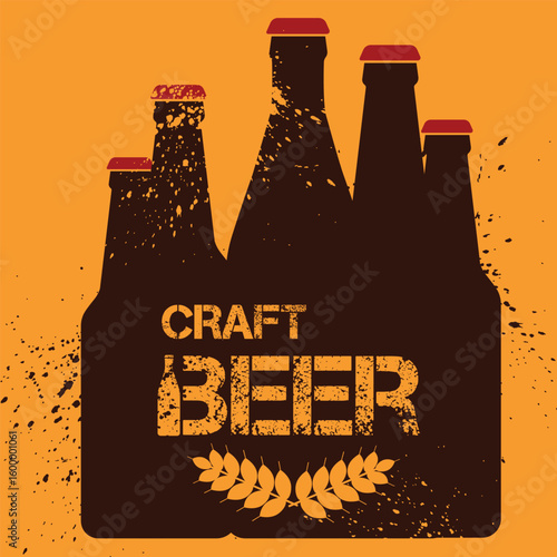 Craft beer, outline illustration of a beer bottle, flat style, texture, splashes. Poster for a bar, restaurant, dark, light beer, alcohol menu, party banner, booze, Bavarian