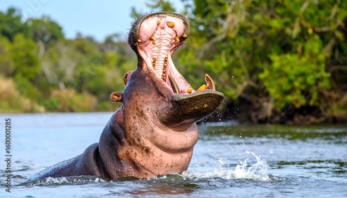 A hippopotamus with its mouth wide open emerging from water