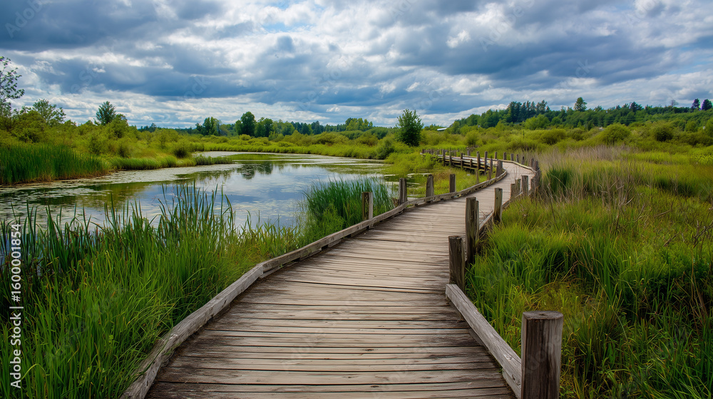 Fototapeta premium Boardwalk Path Over Wetlands - Preserving Ecosystems Through Sustainable Tourism