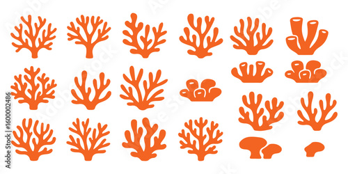 Coral silhouettes, seaweed black icon. Abstract organic corals shape, underwater plant, sea doodle. Cartoon marine floral isolated set  