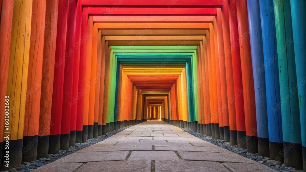 Fototapeta premium Vibrant path lined with colorful wooden pillars leading into a distant light, creating a mesmerizing tunnel effect.